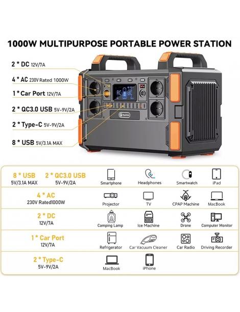 Generatore solare portatile Flashfish F132 1041.6Wh/1000W batteria LiFePo4 uscita 230V AC 19 uscite versione UE Negozio