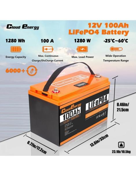 Cloudenergy 12V 100Ah LiFePO4 Battery Pack 1280Wh di energia 6000+ cicli BMS integrato 100A supporto serie/parallelo Vendite Flash