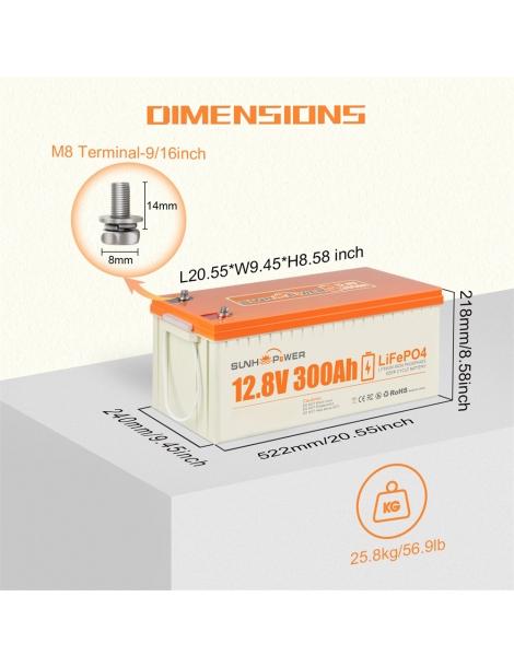 SUNHOOPOWER 12V 300Ah LiFePO4 Batteria energia 3840Wh BMS 200A integrato potenza di carico max. 2560W IP68 Pezzi Unici