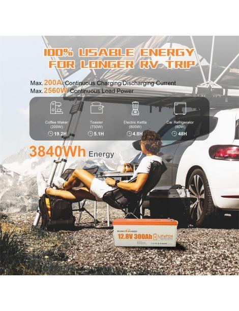 SUNHOOPOWER 12V 300Ah LiFePO4 Batteria energia 3840Wh BMS 200A integrato potenza di carico max. 2560W IP68 Pezzi Unici