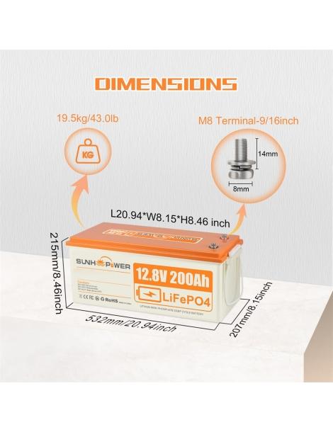 SUNHOOPOWER 12V 200Ah LiFePO4 Batteria energia 2560Wh BMS 100A integrato potenza di carico max. 1280W IP68 Soddisfazione Garantita