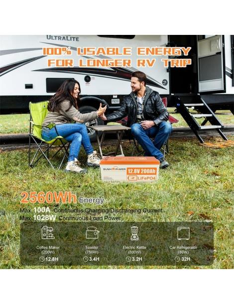 SUNHOOPOWER 12V 200Ah LiFePO4 Batteria energia 2560Wh BMS 100A integrato potenza di carico max. 1280W IP68 Soddisfazione Garantita