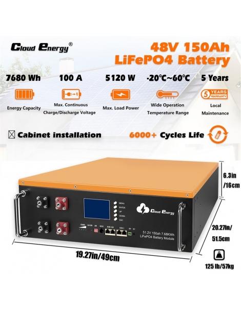 Cloudenergy 48V 150Ah Cabinet Type Litio LiFePO4 Deep Cycle Battery Pack 7680Wh di energia 6000 cicli di vita Promozione Limitata