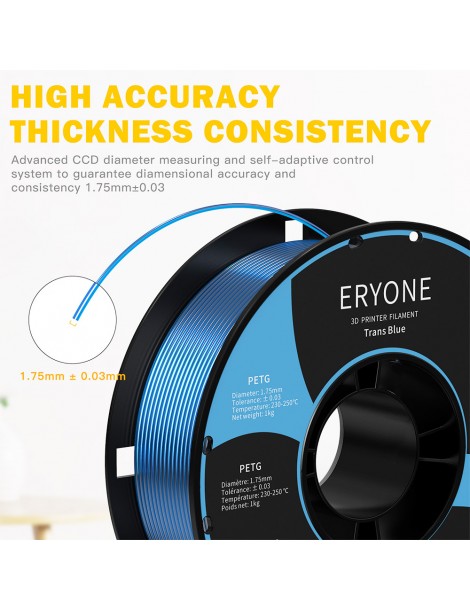 ERYONE PETG Filamento per stampante 3D 1 75mm Tolleranza 0 03mm 1KG(2.2LBS)/Spool - Blu trasparente Acquista Ora