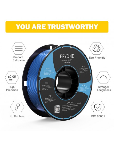 ERYONE PETG Filamento per stampante 3D 1 75mm Tolleranza 0 03mm 1KG(2.2LBS)/Spool - Blu trasparente Acquista Ora