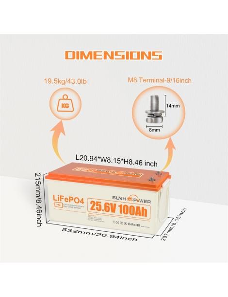 SUNHOOPOWER 24V 100Ah LiFePO4 Batteria energia 2560Wh BMS 100A integrato potenza di carico max. 2560W IP68 Online