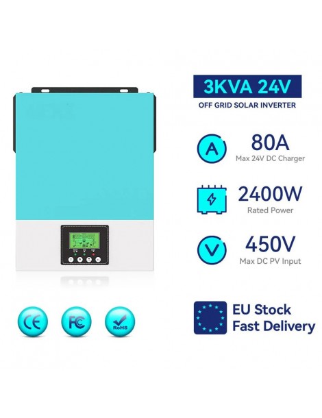 Inverter solare off grid DAXTROMN 2400W caricatore solare MPPT 24V DC 80A inverter sinusoidale puro con ingresso PV 450V DC 2025