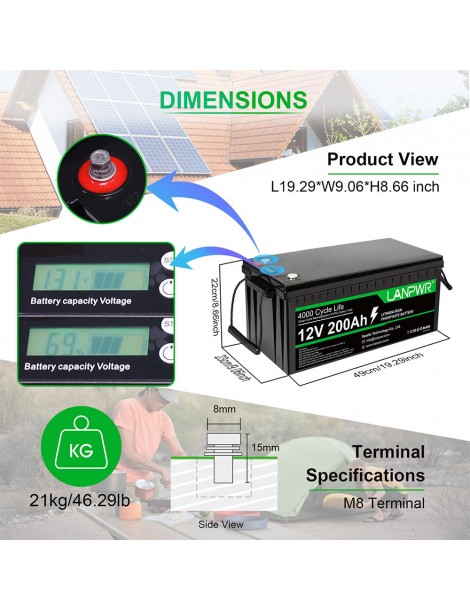 LANPWR 12V 200Ah LiFePO4 Batteria di backup 2560Wh di energia 4000 cicli profondi Qualità Garantita