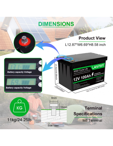 LANPWR Batteria di backup 12V 100Ah LiFePO4 1280Wh di energia 4000 cicli profondi Negozi Online