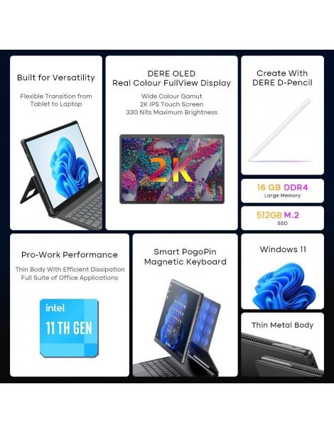 DERE T30 PRO 2-in-1 Laptop 13 pollici 2K IPS Touch Screen Tablet PC/Tastiera magica Penna stilo 16GB DDR4 512GB SSD - Verde Vendita calda