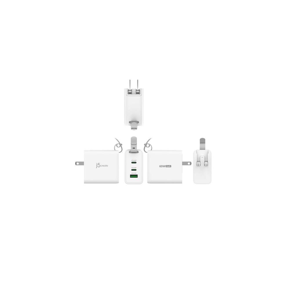 j5create 65W GaN USB-C 3-Port Traveler Charger with changeable AC plugs and USB-C cable Pezzi Unici